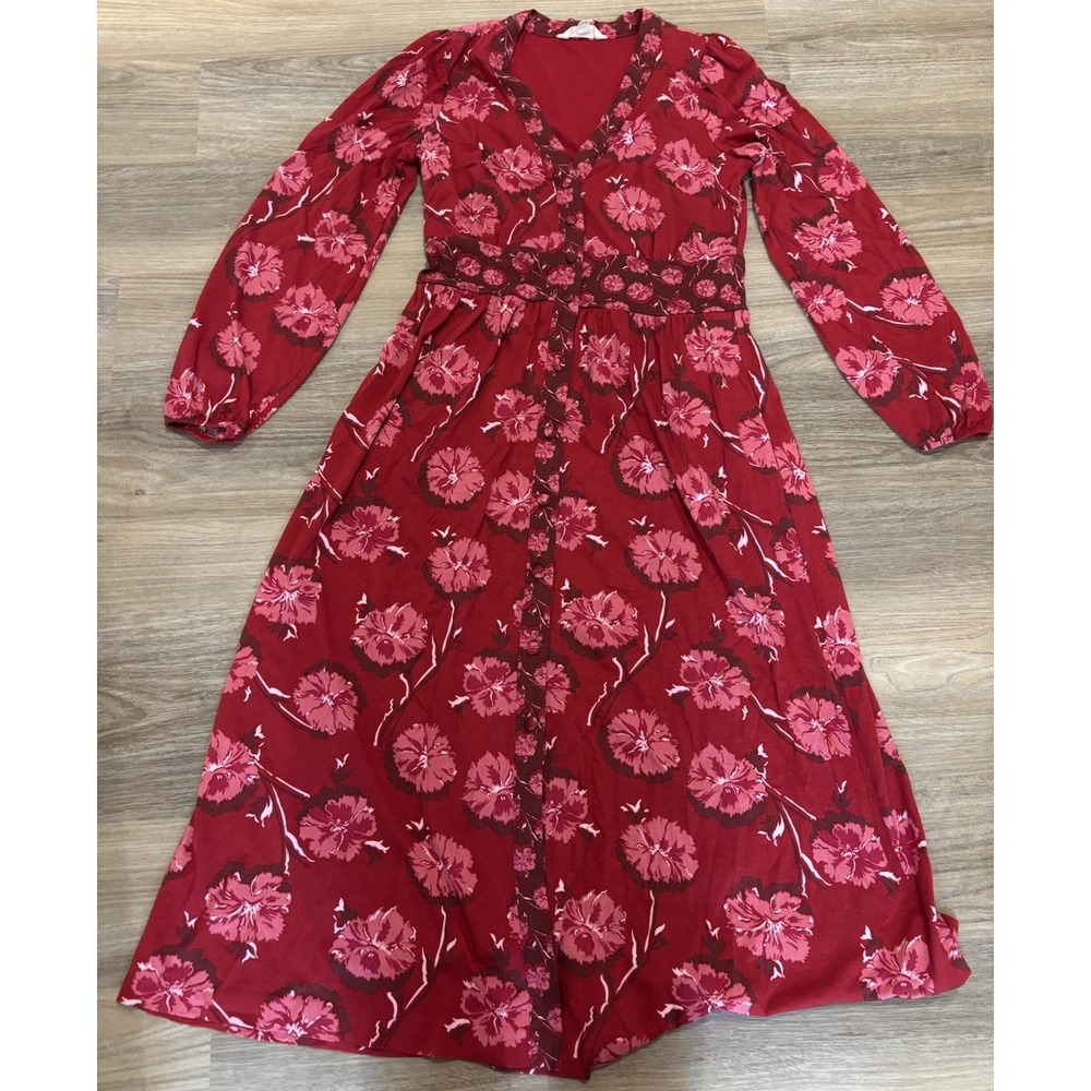 Boden 8R Natalia Red Carnation Floral Jersey Long Sleeve Midi Tea Dress Button
